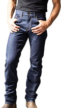 Man wearing Cal style jeans from Kimes Ranch