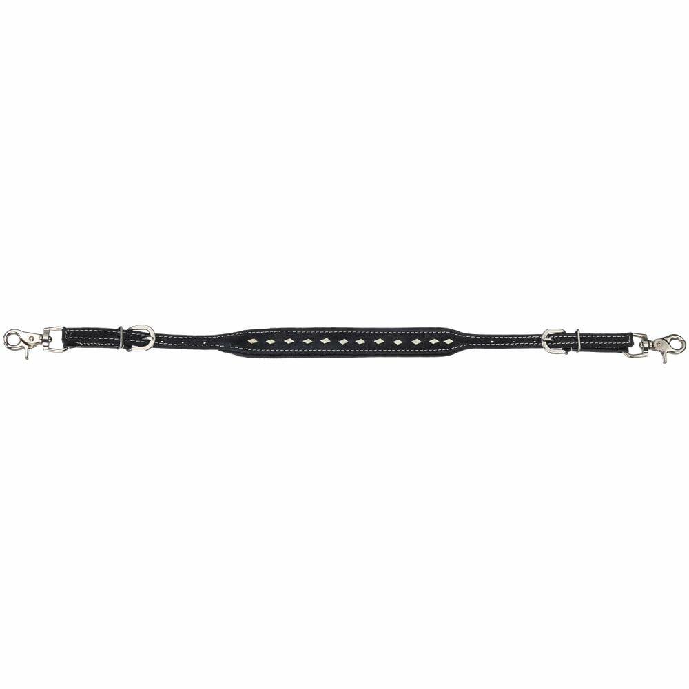 Suede wither strap with white buckstitching and scissor snaps in solid color