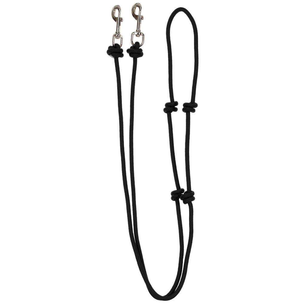 Black Knotted Barrel Racing Rein with snaps and a white background.