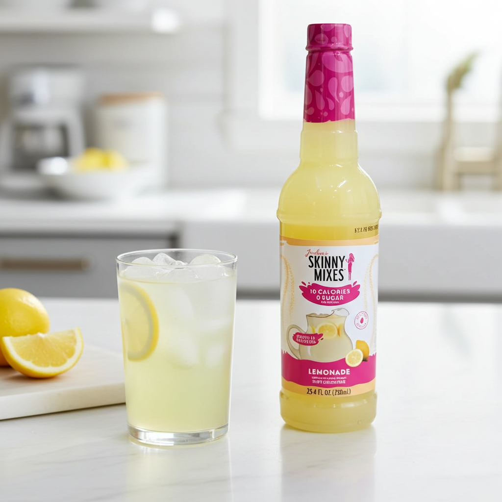 Jordan's Skinny Mix Sugar Free Lemonade Concentrate (750ml) bottle sitting next to a glass of iced lemonade on a bright kitchen counter