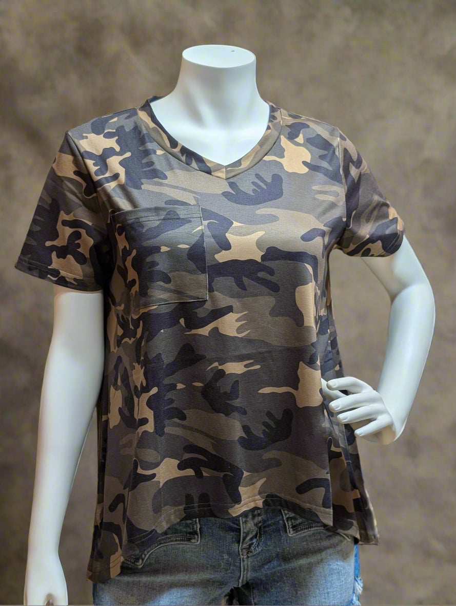 Camouflage t-shirt on a mannequin in a store setting
