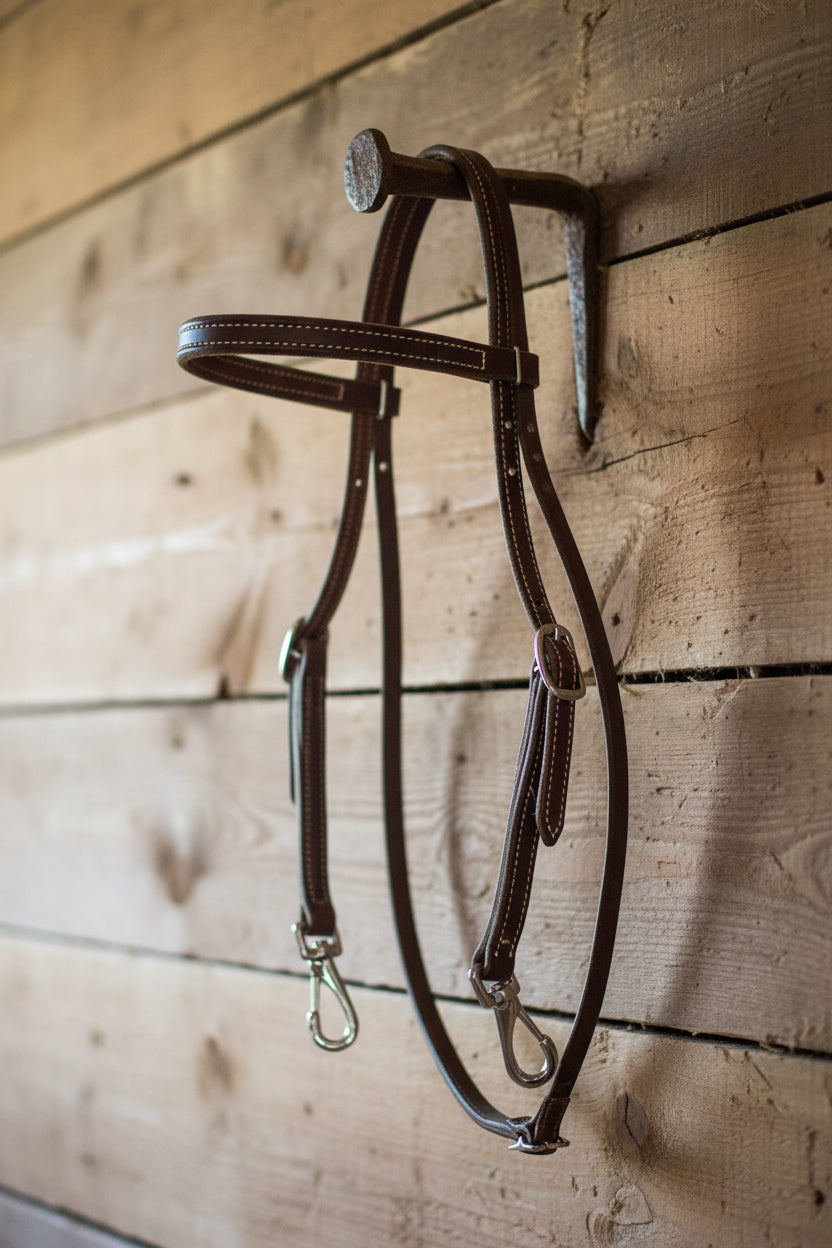 Leather quick change headstall hanging on a nail in a barn. 