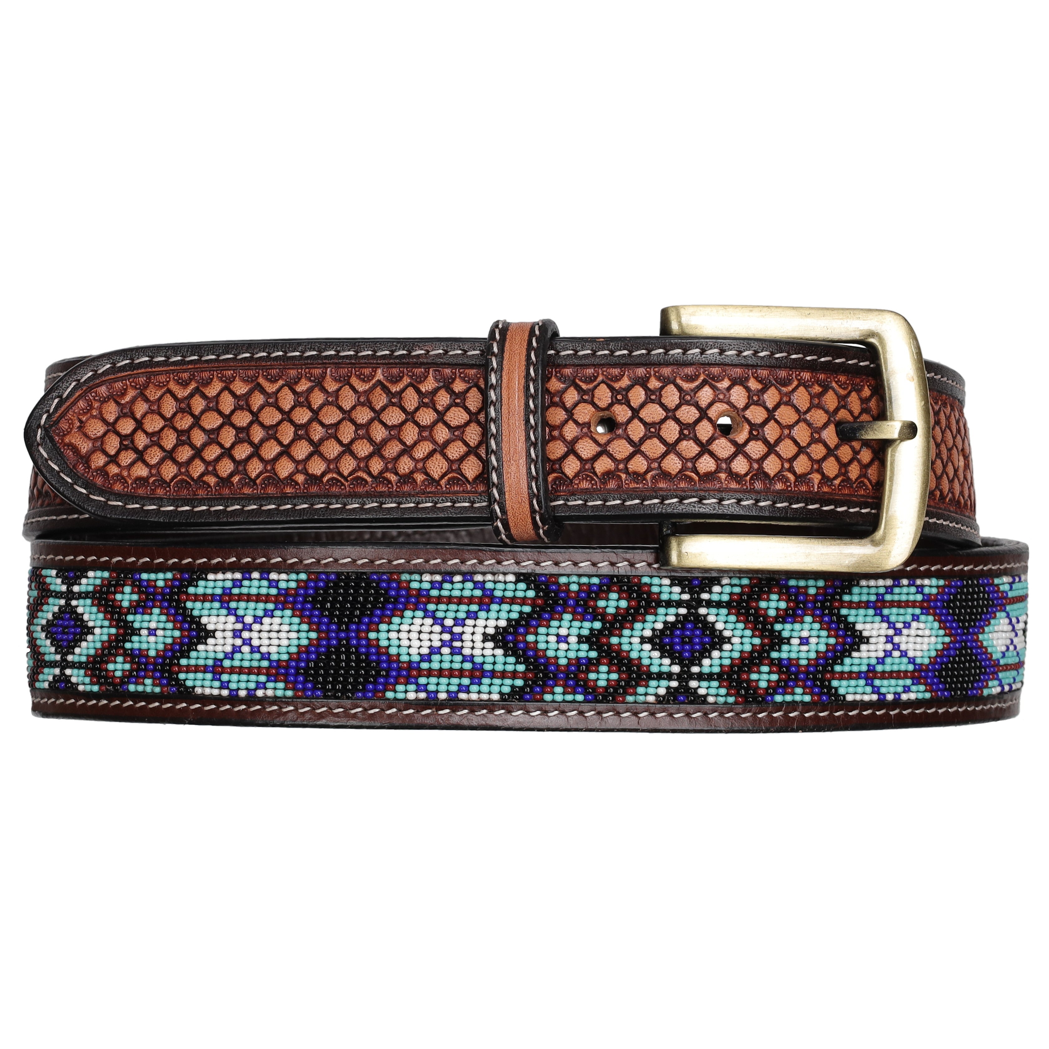 Brown leather belt with blue beaded patterned