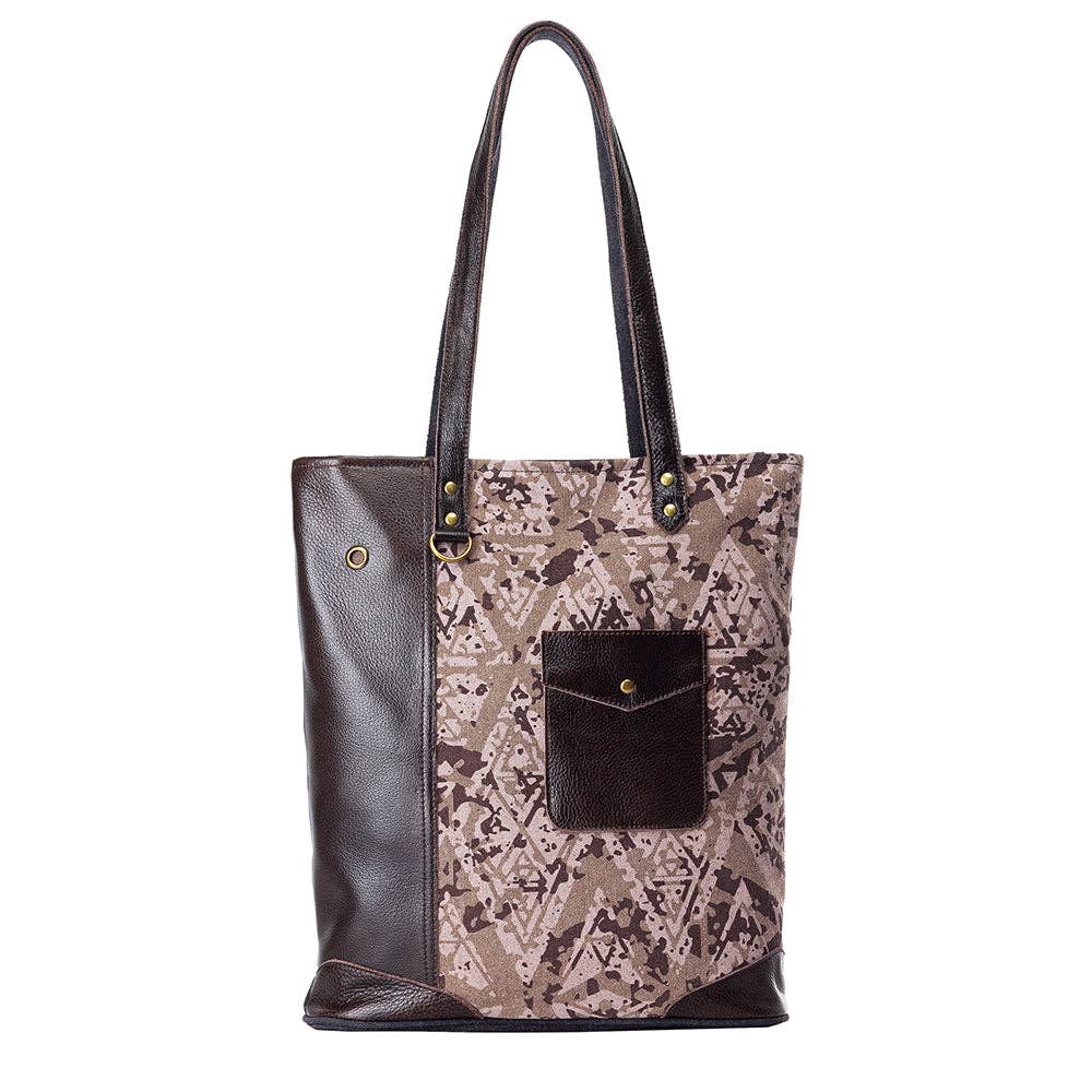 Tote bag with patterned front and black sides on a white background