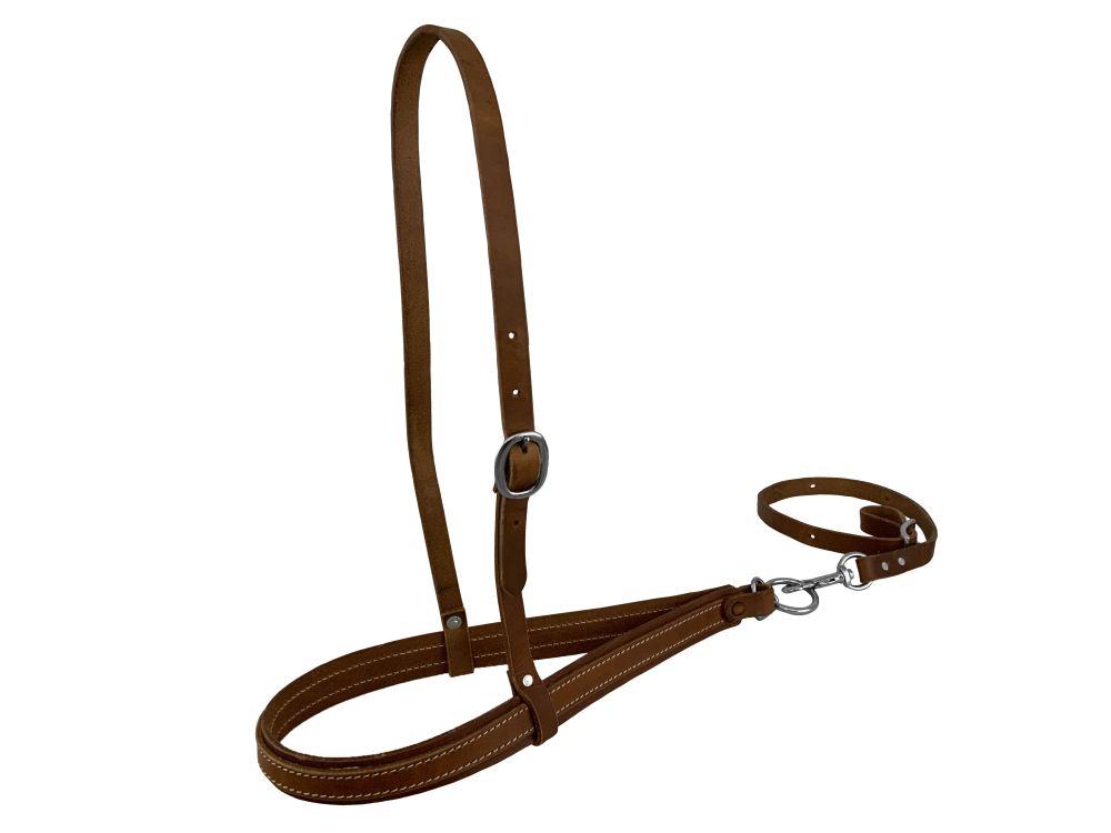 Brown Leather complete tie down and noseband with a white background.
