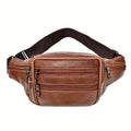 Brown leather waist bag with multiple zippers on a white background