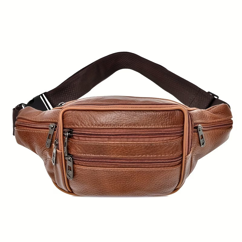 Brown leather waist bag with multiple zippers on a white background