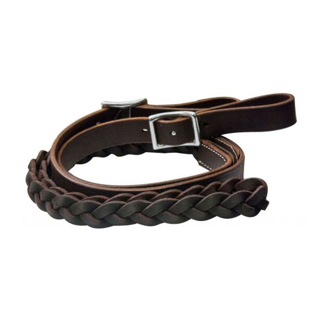 Leather braided contest rein with a white background.
