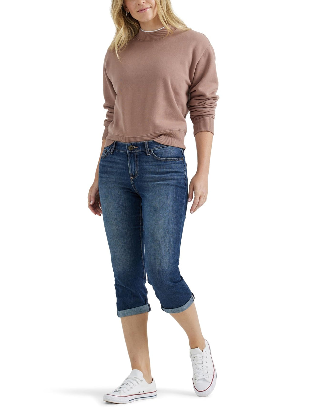 Lee Women's Flex Motion Regular Fit capri on a lady with a brown shirt