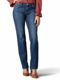 Lee Women's Relaxed Jeans Long on a lady wearing high heels and red top
