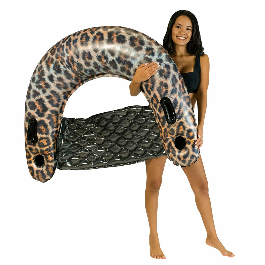 Leopard print inflatable pool chair from PoolCandy with realistic high-res design.