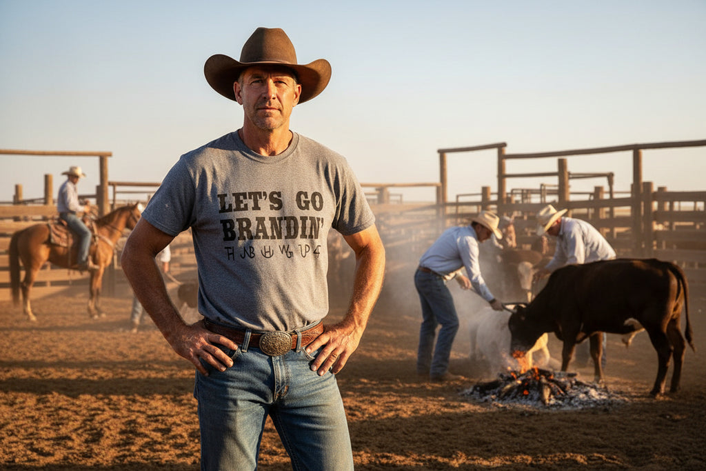 Gray Graphic Short sleeve top with cows and men in the background.