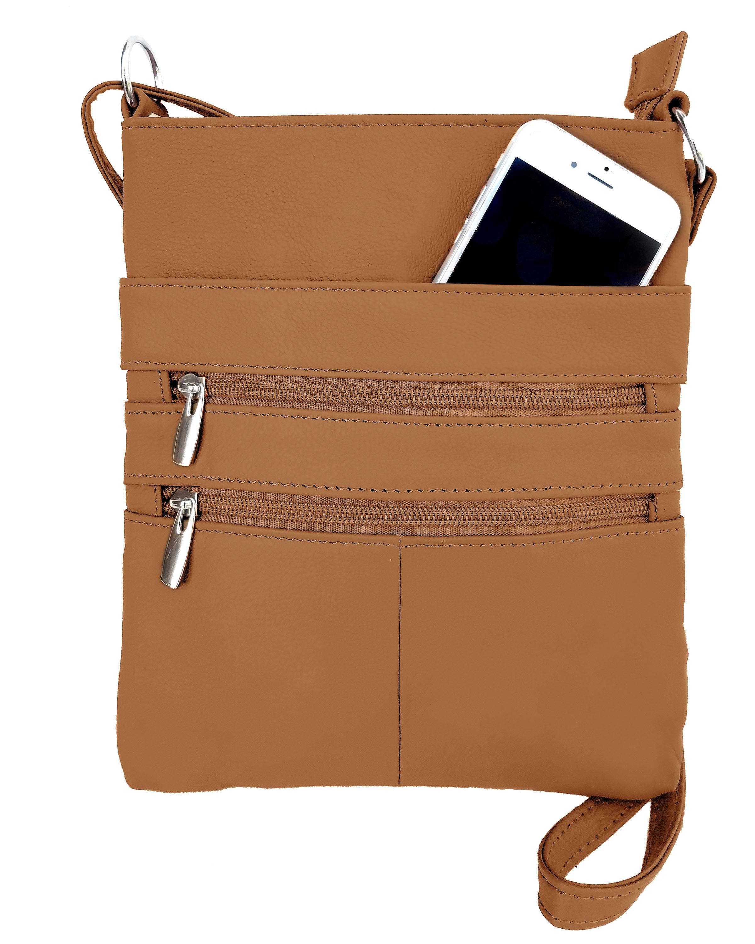 Light Brown/Tan crossbody bag with a phone in the pocket on a white background