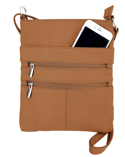 Light Brown/Tan crossbody bag with a phone in the pocket on a white background