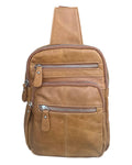 Brown leather crossbody bag with multiple zippers on a white background