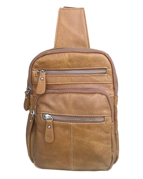 Brown leather crossbody bag with multiple zippers on a white background