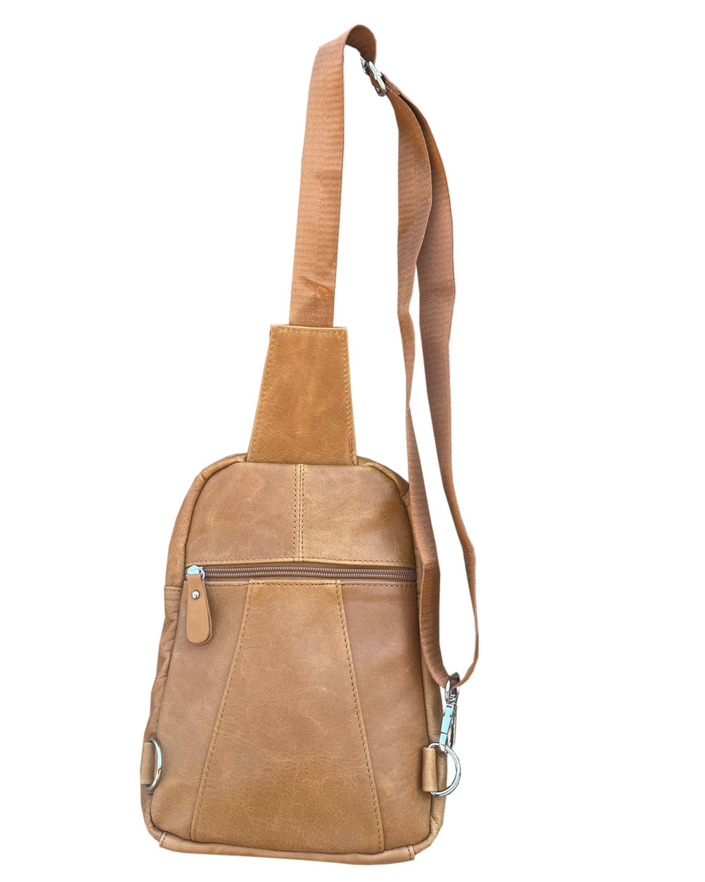 Brown leather crossbody bag back view on a white background