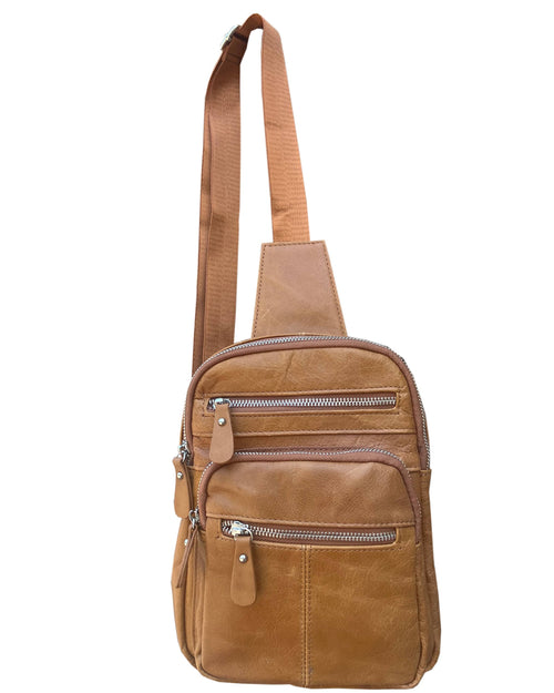 Brown leather crossbody bag on a white background