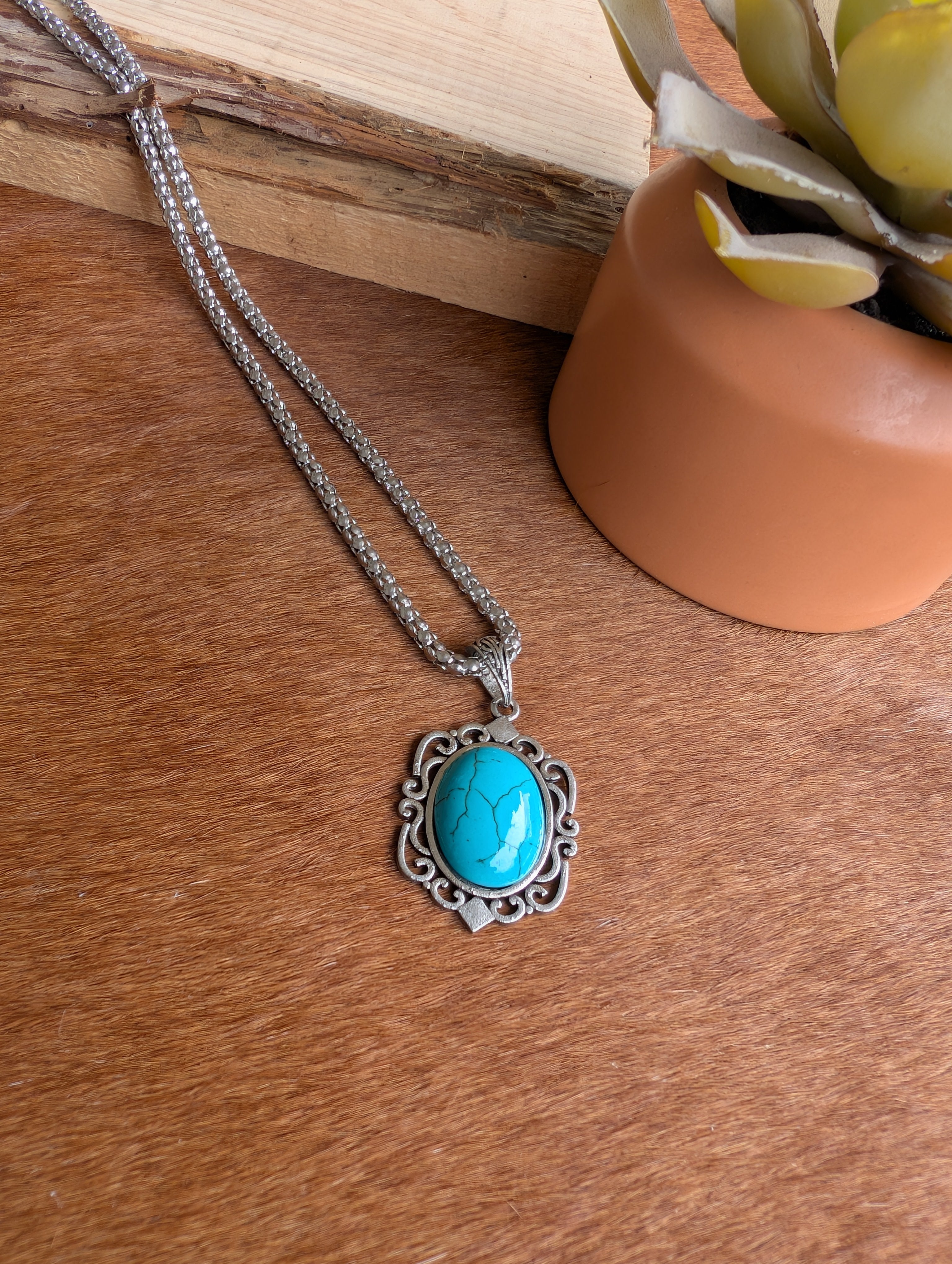 Close-up of turquoise fashion jewelry necklace with Southwestern vibe