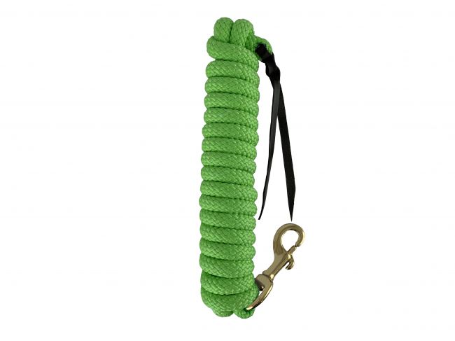 Lime green 14ft training lead with leather popper end and a bolt snap.