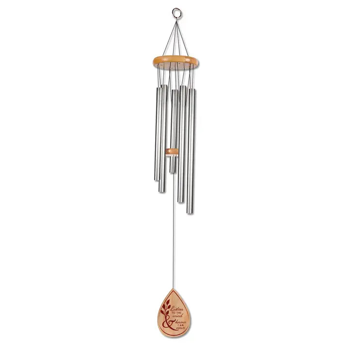 Silver wind chime with a wooden plaque 