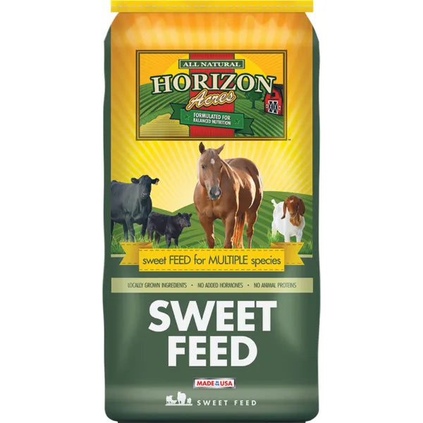 Bag of Horizon Acres sweet feed for multiple species with images of animals.