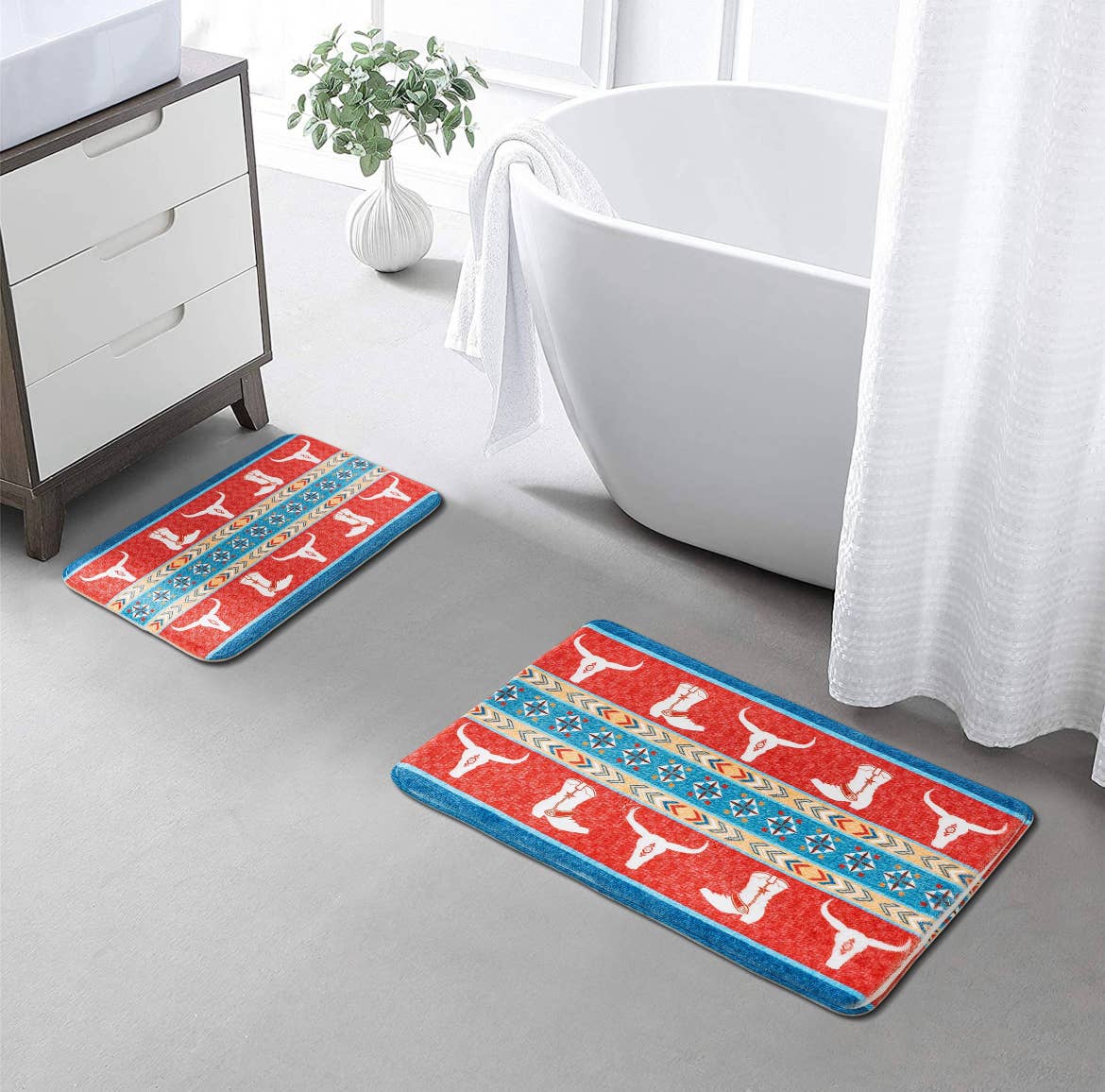 Longhorn & Boots 2-Piece Western Mat Set | Rustic Memory Foam Rug for Kitchen or Bath