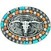 Belt buckle with longhorn bull skull design and colorful stones