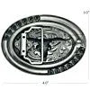 Metallic belt buckle with decorative design on a white background