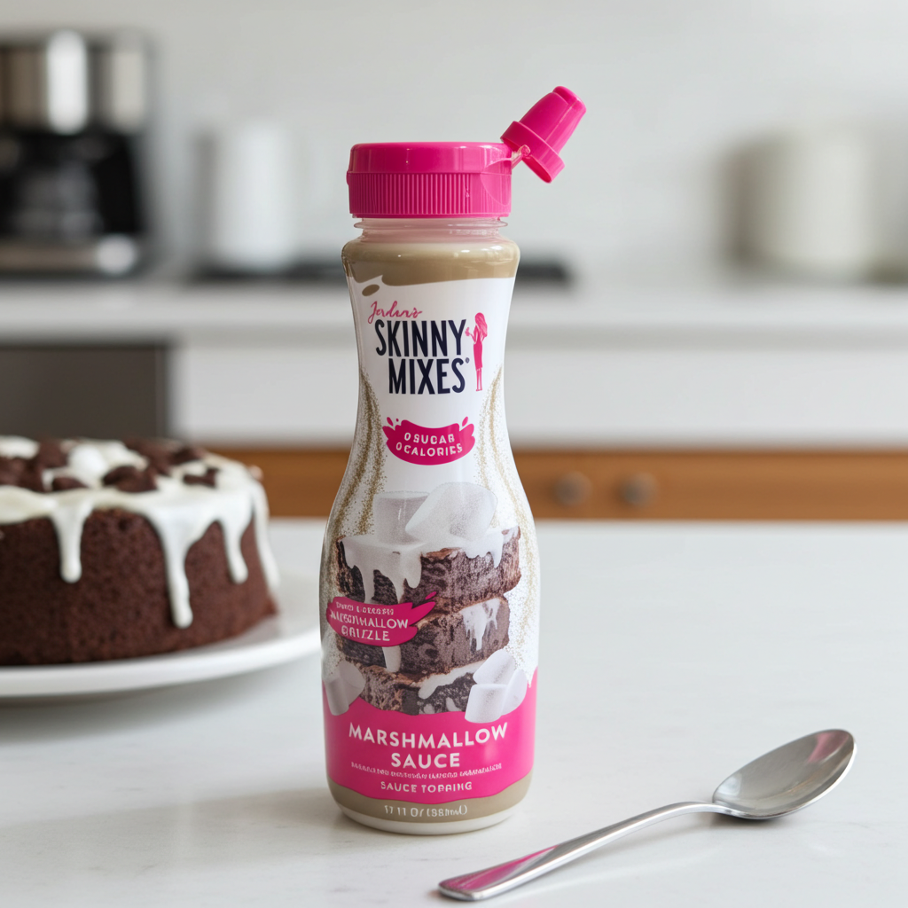 A bottle f Jordan's Skinny Mix Marshmallow Sauce on a kitchen counter with a chocolate cake topped with marshmallow sauce.