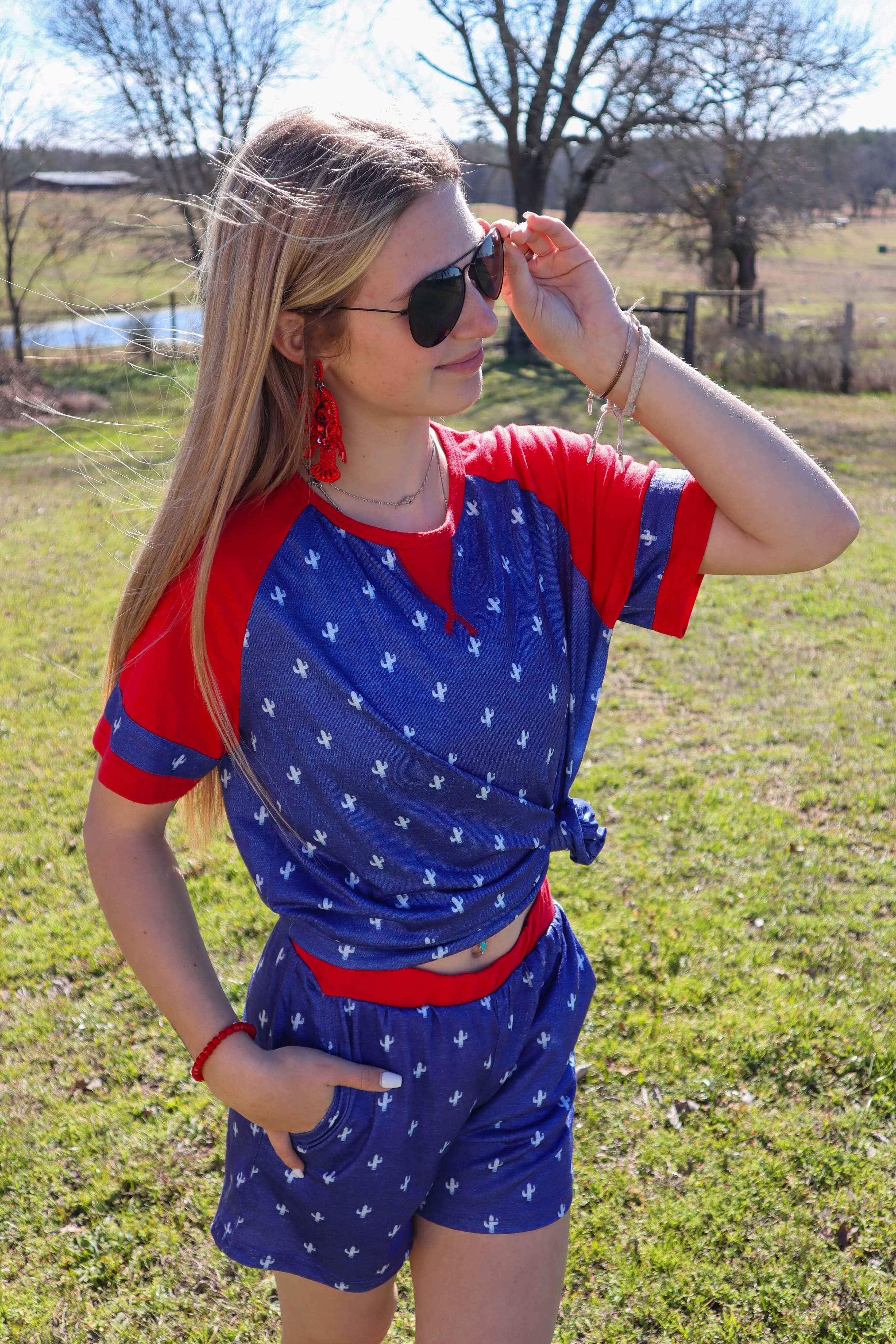 Red, White, Blue Drawstring Shorts, Casual Southwestern shorts