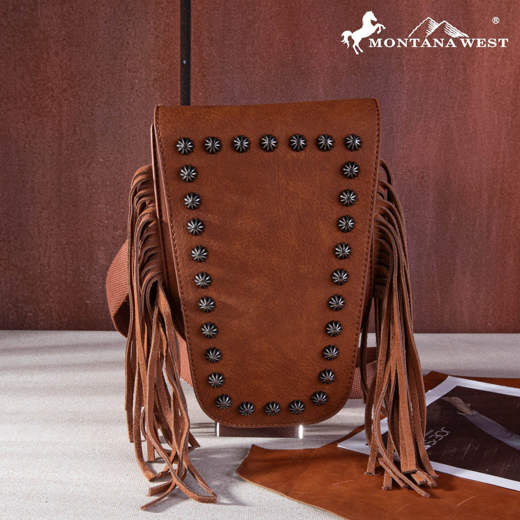 Brown leather bag with fringes and studs on a brown background, featuring the Montana West logo.