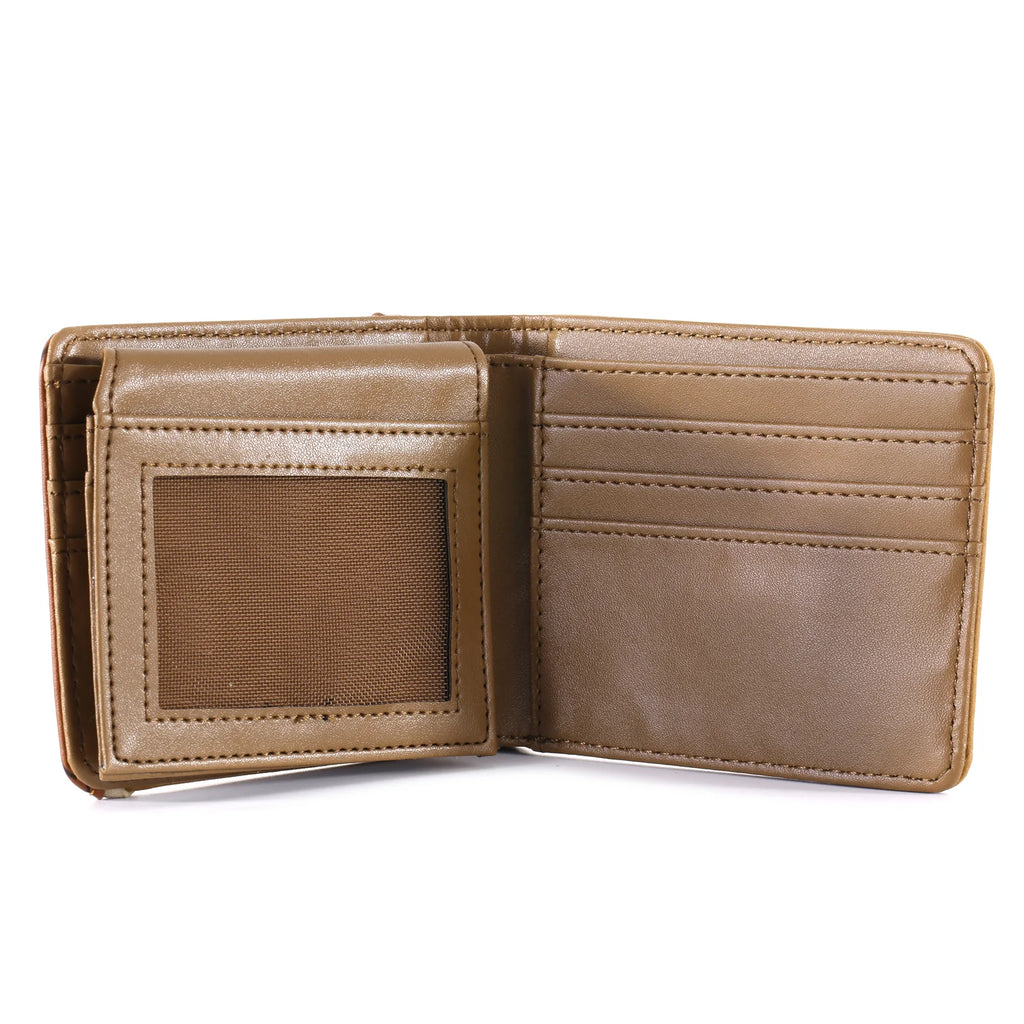 Open tan leather wallet on a white background