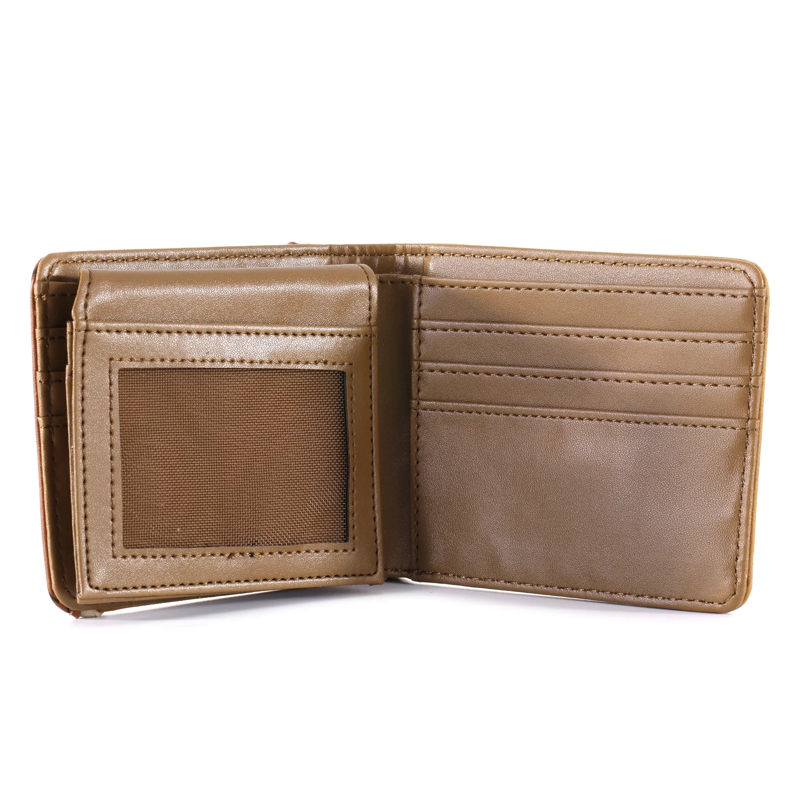 Open tan leather wallet on a white background