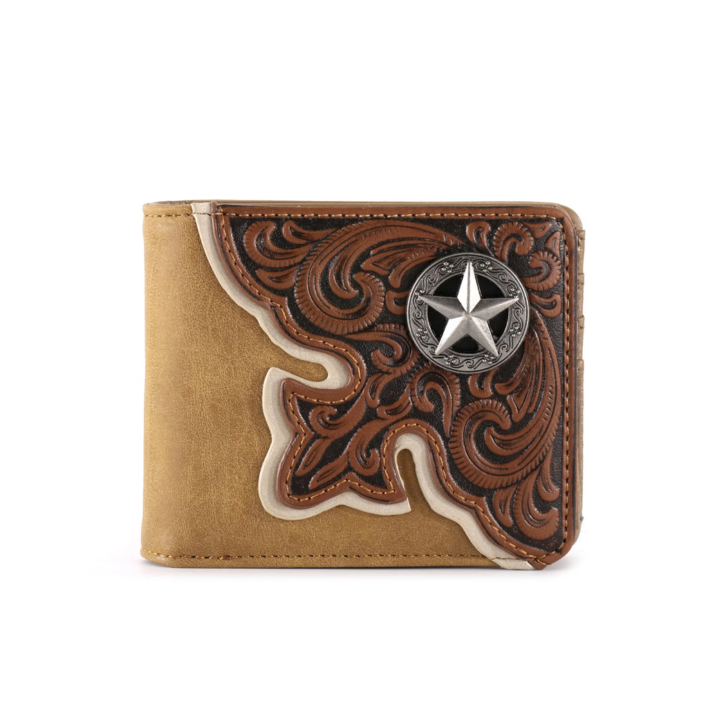 Brown leather wallet with star concho on a white background