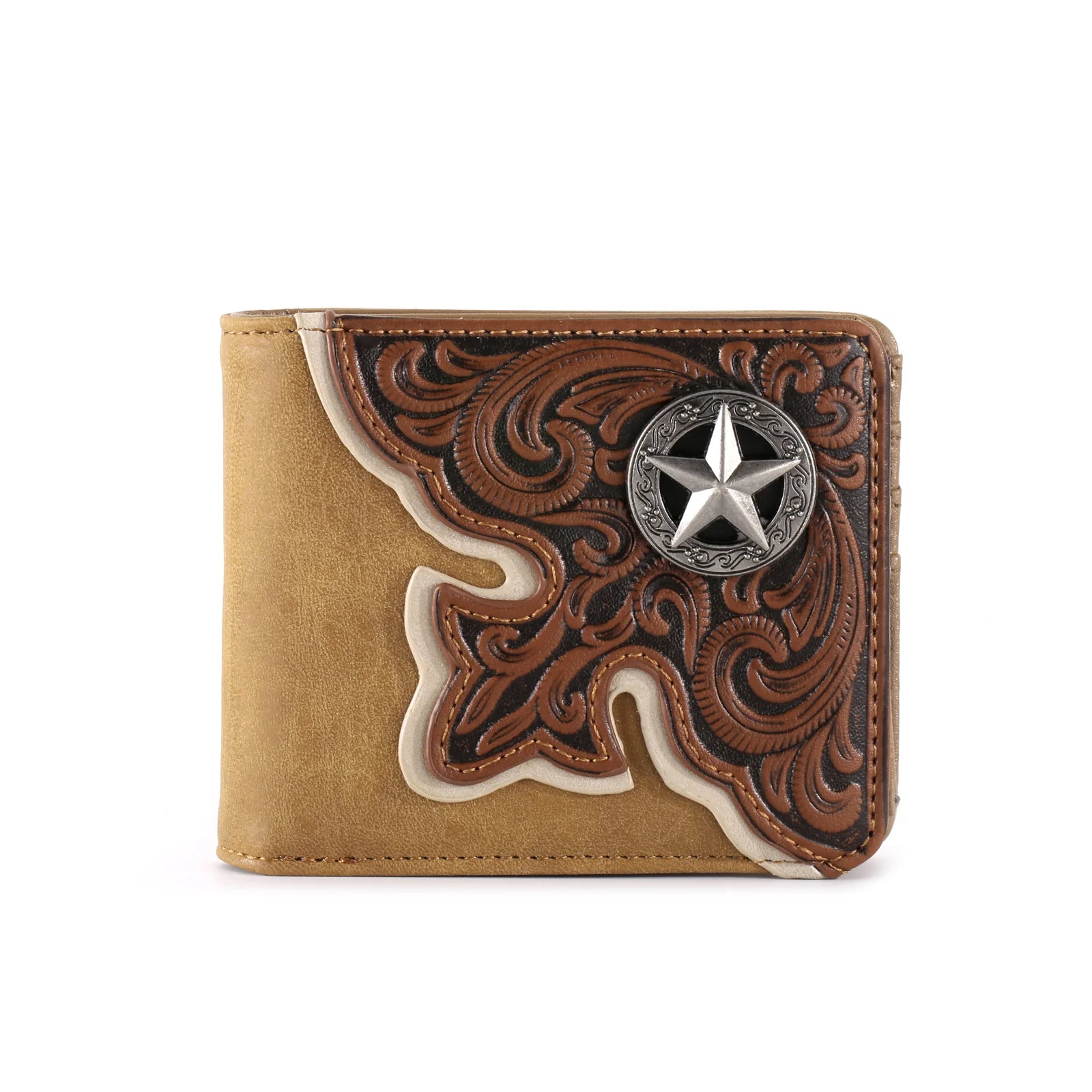 Brown leather wallet with star concho on a white background