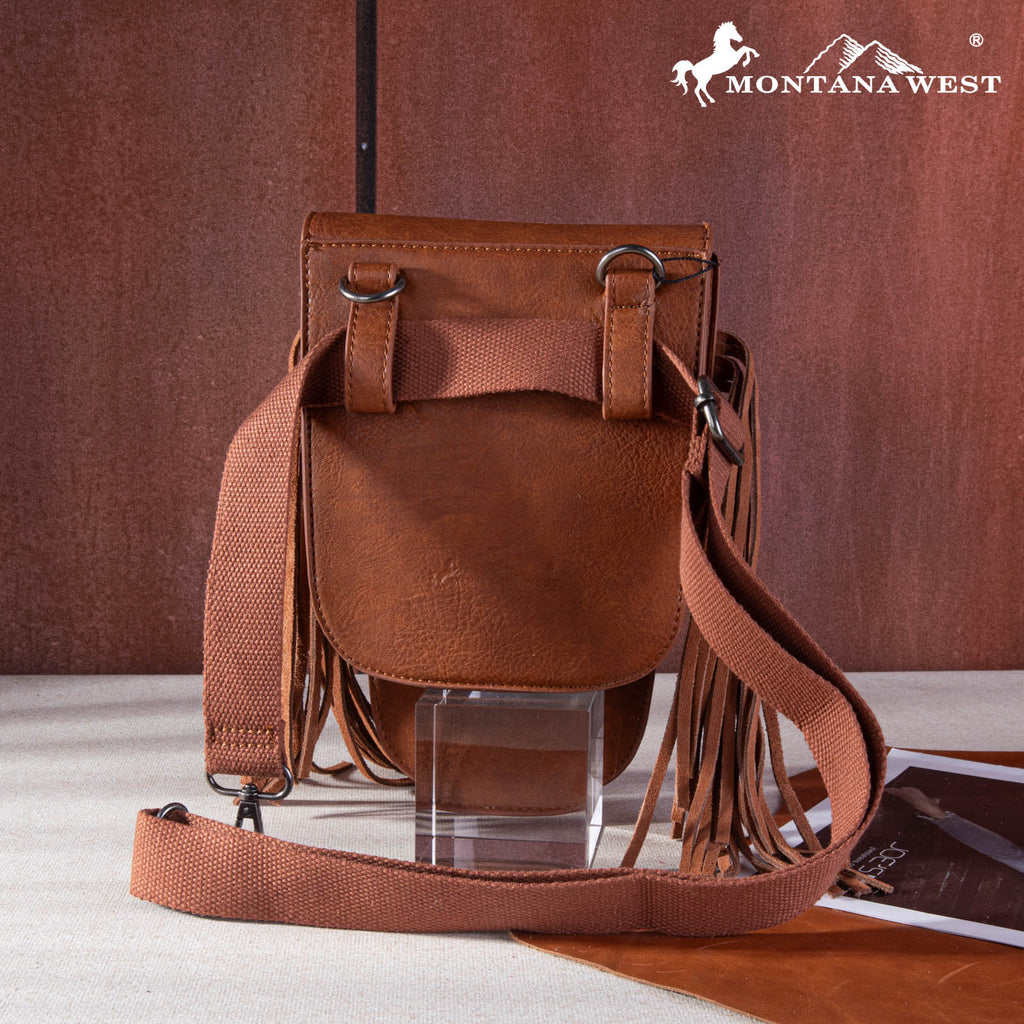 Brown leather bag with fringes on a brown background, featuring the Montana West logo.