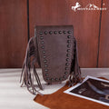 Brown leather bag with fringe and studs on a wooden surface, featuring the Montana West logo.