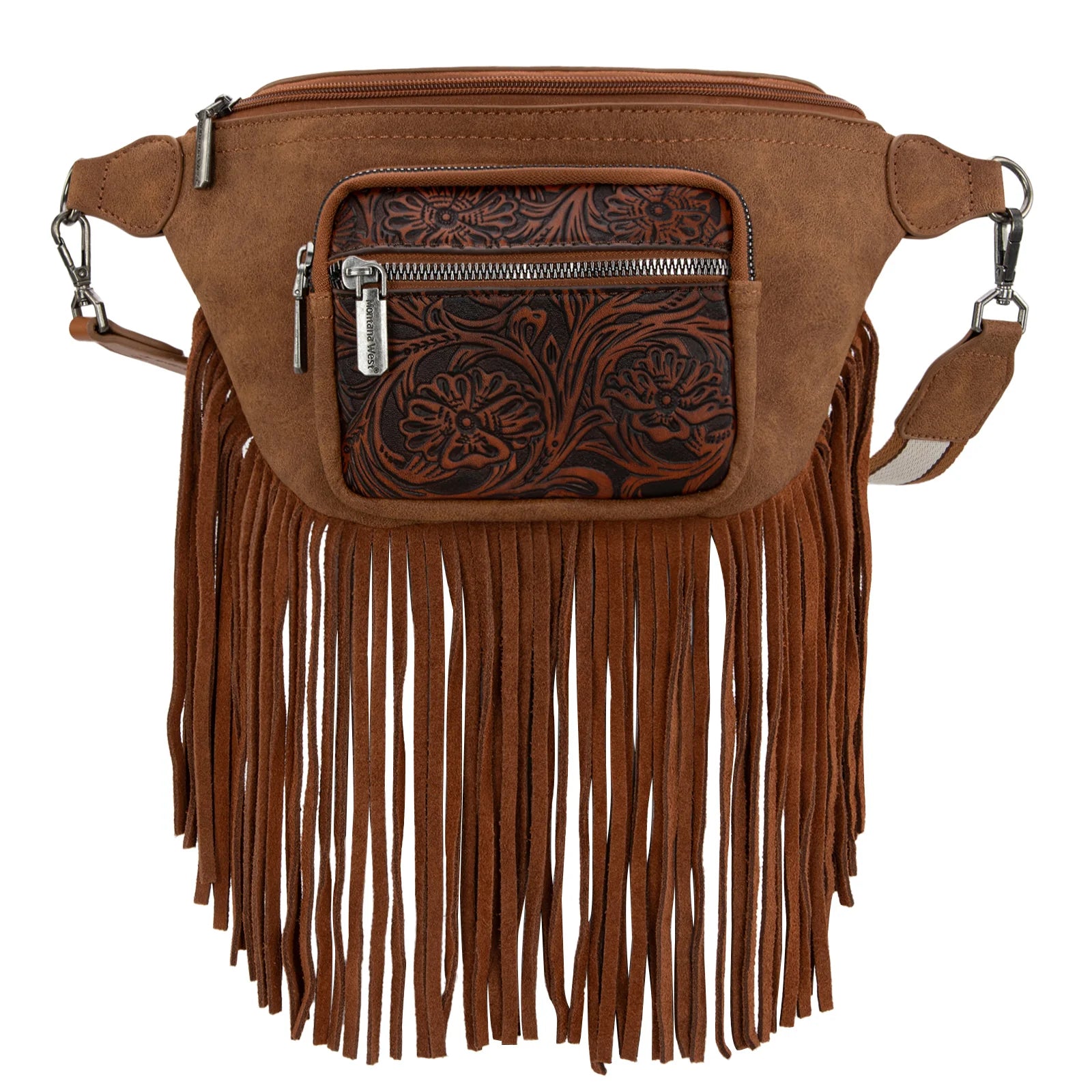 Montana West western fringe fanny pack with tooled leather front pocket and adjustable strap.