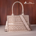 Beige handbag with geometric pattern and 'Montana West' branding on a wooden background