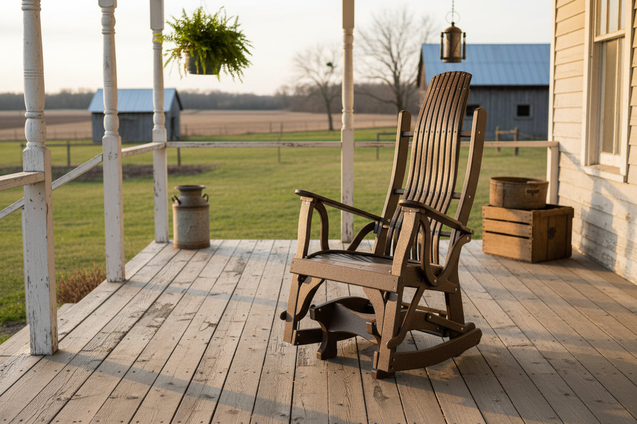 Poly Brown Glider on a old porch setting with barns in the background