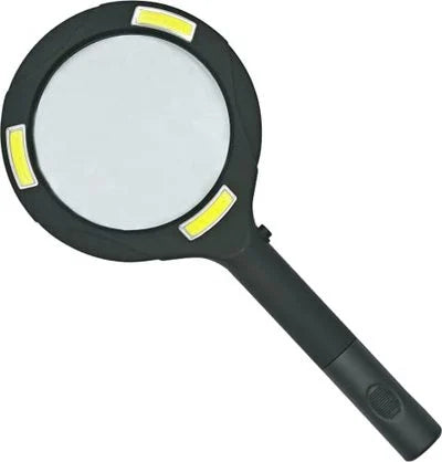 Handheld LED magnifying glass with ergonomic handle and built-in light for reading and hobbies