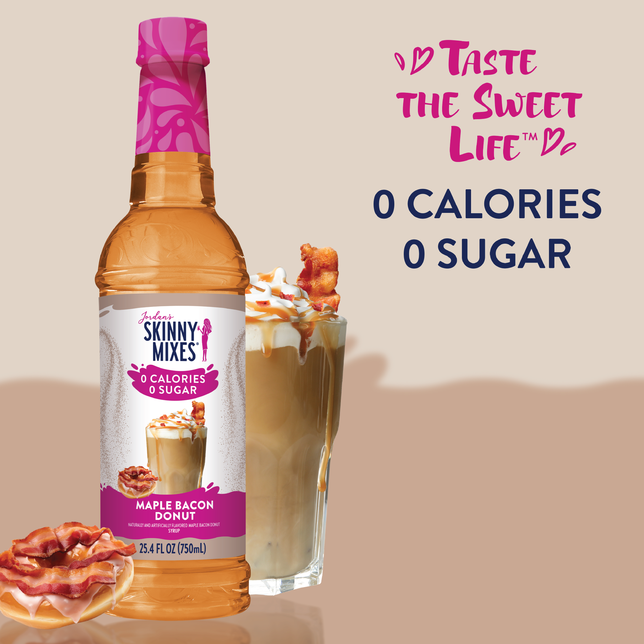 Bottle of Skinny Mixes Maple Bacon Donut syrup with a glass of coffee and bacon on a beige background.