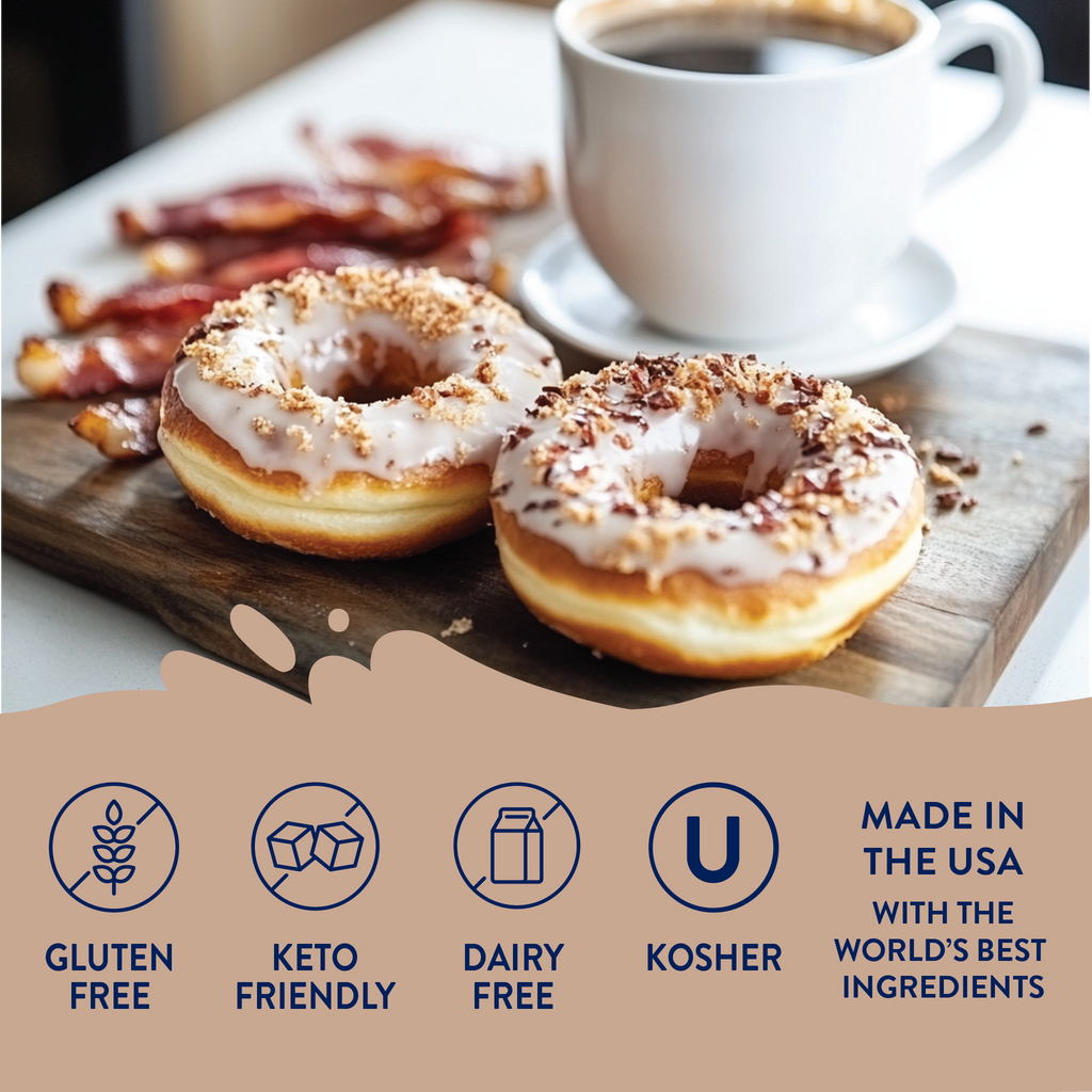 Two donuts with a cup of coffee and bacon on a wooden board, with dietary label icons at the bottom.