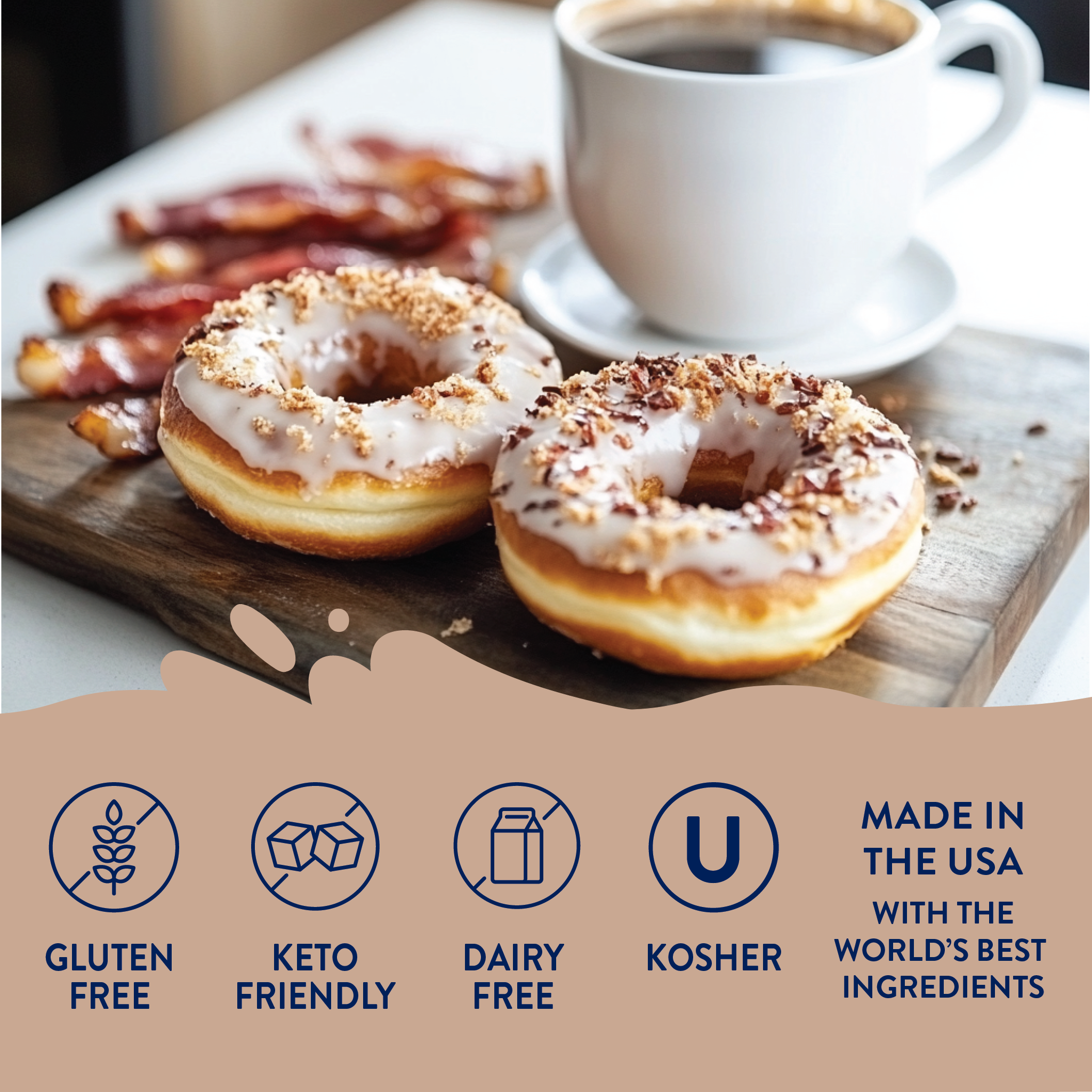 Two donuts with a cup of coffee and bacon on a wooden board, with dietary label icons at the bottom.