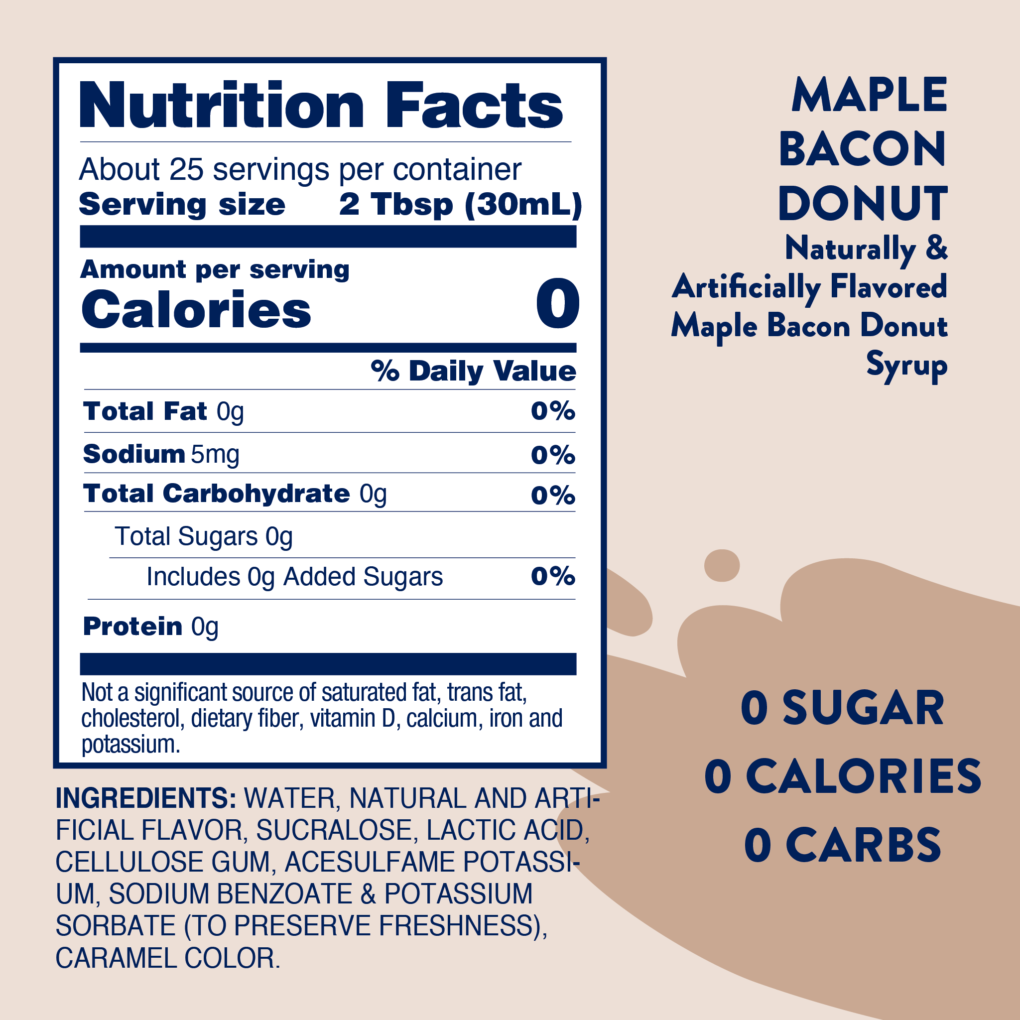 Nutrition facts label for Maple Bacon Donut syrup with a hand holding a bottle.