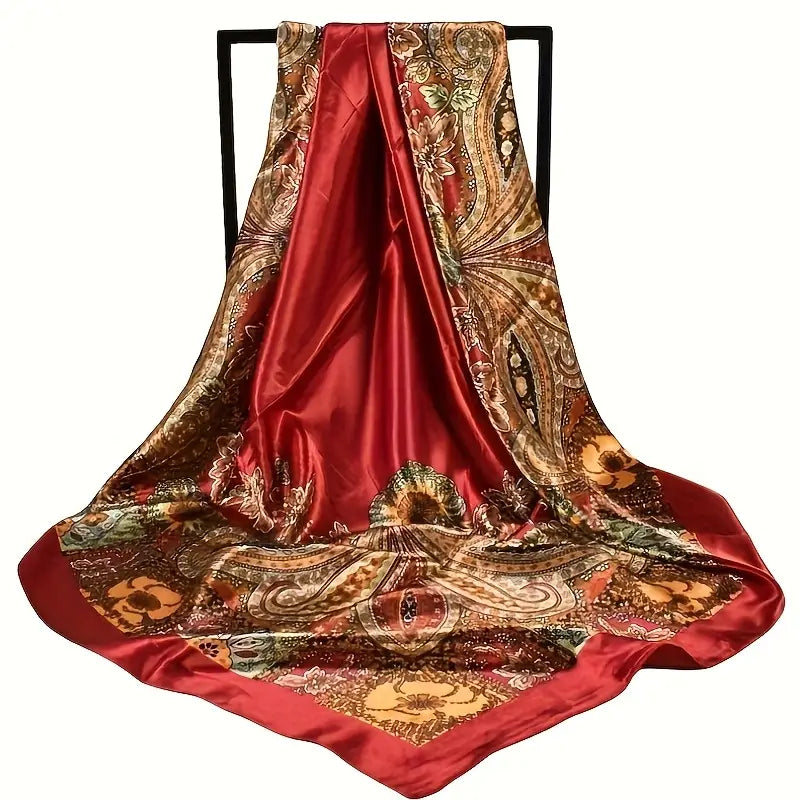 Red silk scarf with intricate gold and brown patterns on a white background