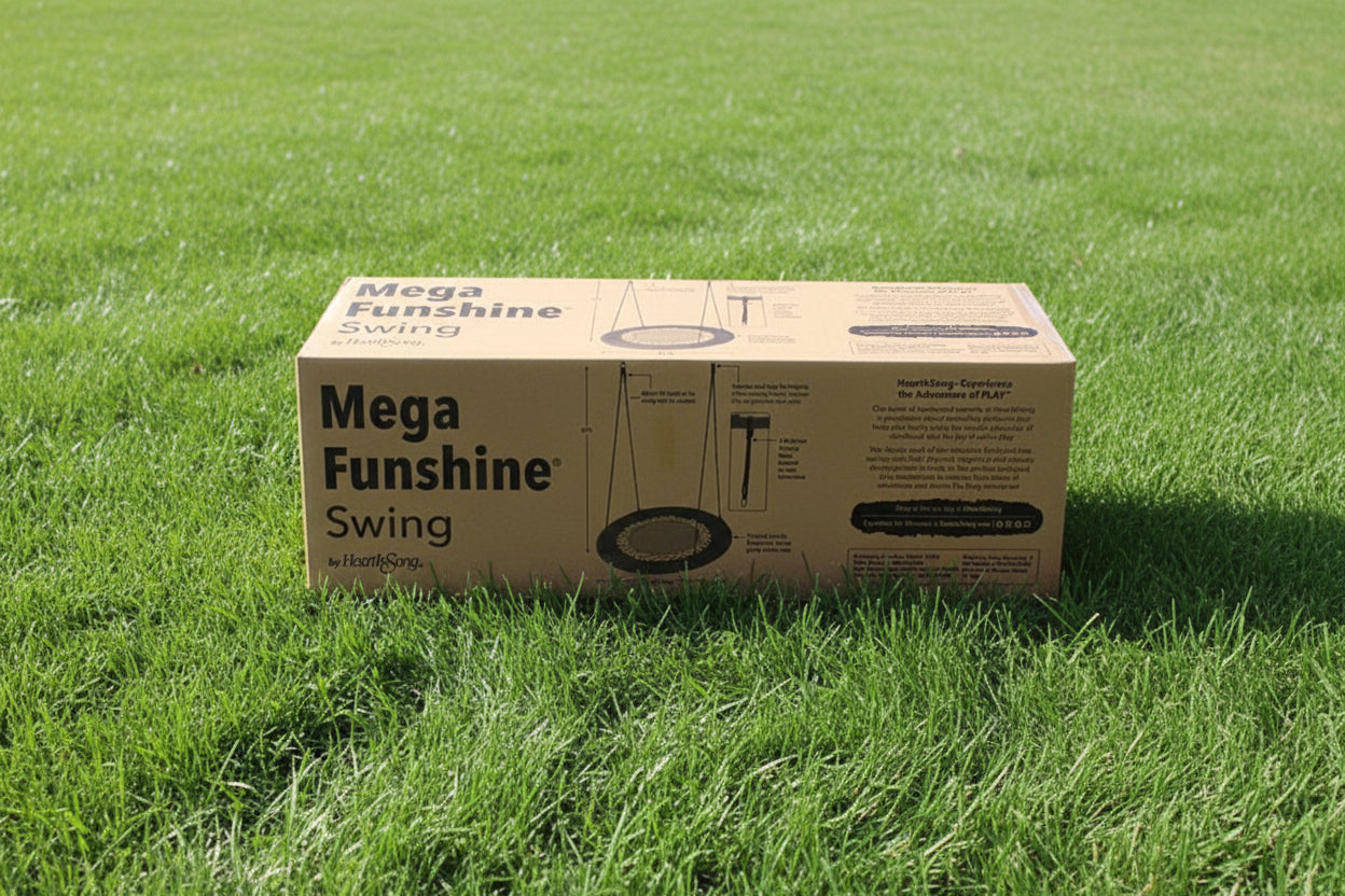 Mega Funshine Swing packaging on Lawn