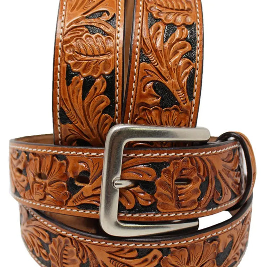 Men's Cowboy Western Rodeo Fashion Tooled Floral w/ Inlay Leather Belt