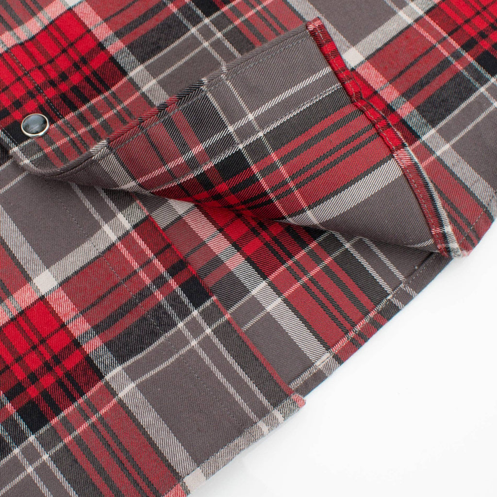 Men's Western Flannel Long Sleeve shirt with snaps red and gray